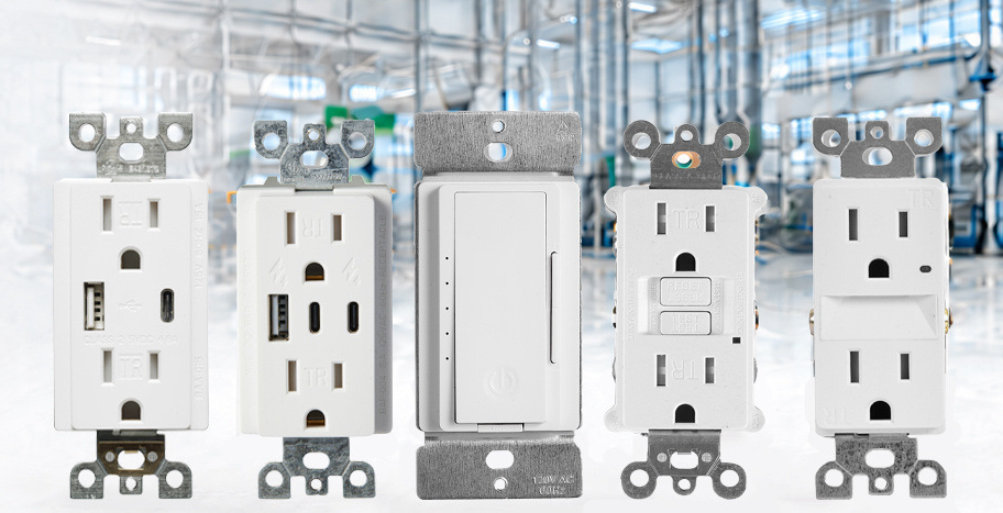 Five BAREP wiring devices displayed in the Jiangsu production workshop
