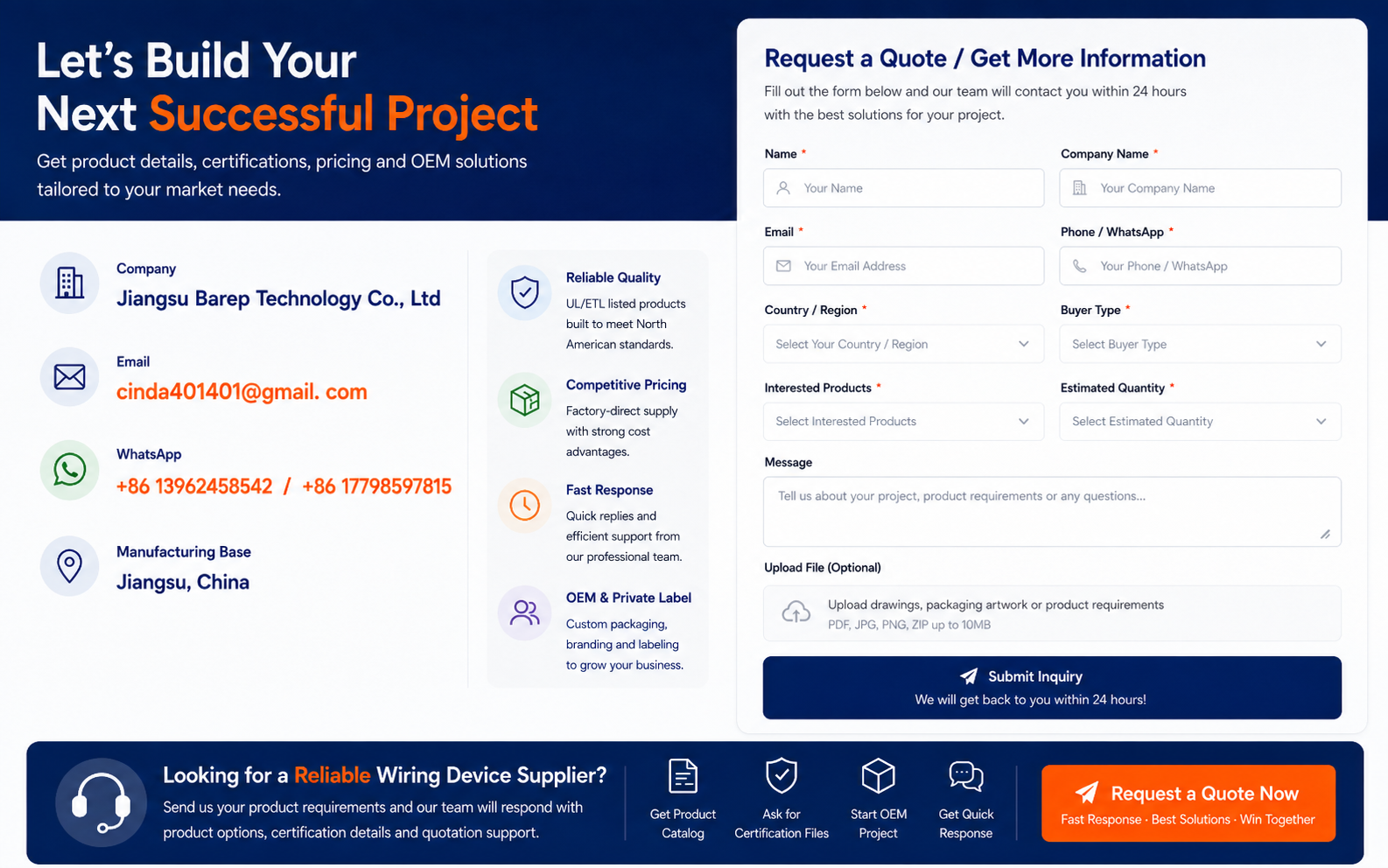 BAREP request a quote contact form with email and WhatsApp